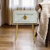 Mesita de noche de 1 cajón con diseño óptico y incrustaciones de hueso, blanca | Mesita de noche de 1 cajón con diseño óptico y incrustaciones de hueso, blanca